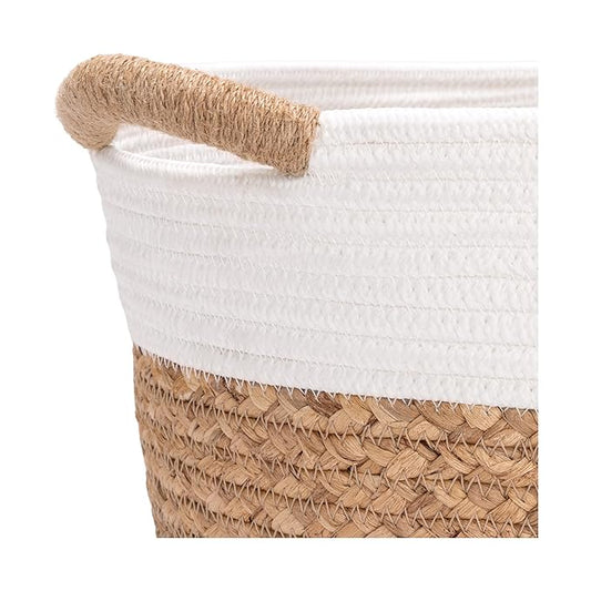 Seville Classics Premium Natural Handwoven Portable Laundry Bin Basket with Carrying Handles, Household Storage for Clothes, Linens, Sheets, Natural Water Hyacinth and White Rope, 3 Piece Set