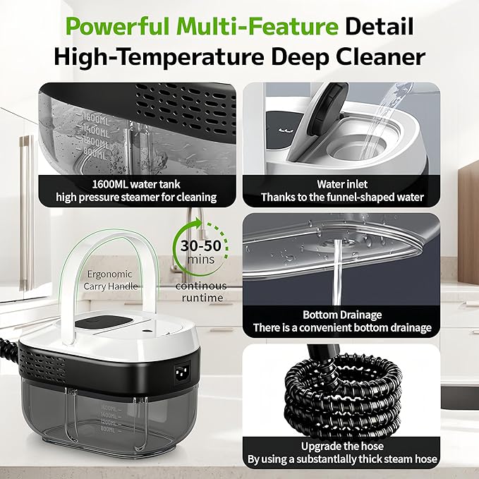 Pressurized Handheld Steam Cleaner 2500W, 54oz Large-Capacity Steamer with 3-Level Adjustable Steam, 15s Heat-Up & 15Pcs Accessories – for Car, Tile, Grout, Couch, Floor, Bed, Dirt, Furniture