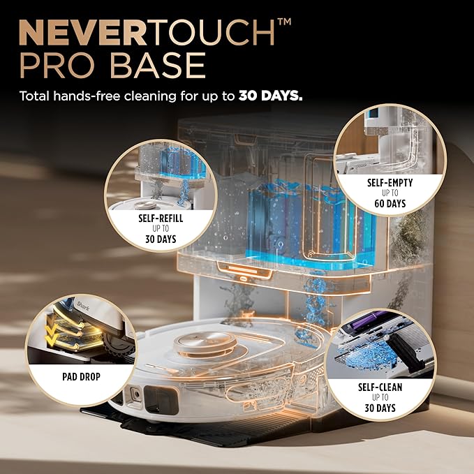 Shark Robot Vacuum & Mop Combo, PowerDetect NeverTouch Pro, Pad Wash & Dry, 60-Day Debris Capacity, 5PowerDetect Technologies,White,AV2800ZE, for Carpets & Hardfloors