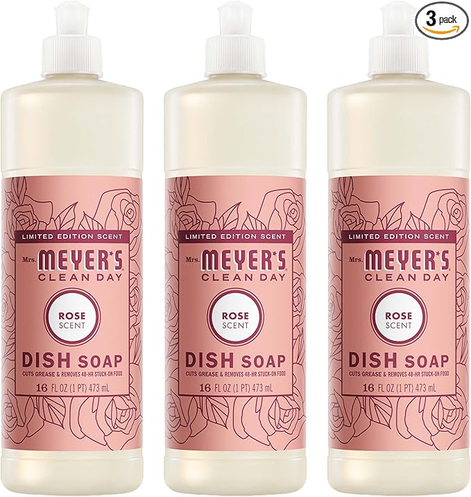 MRS. MEYER'S CLEAN DAY Liquid Dish Soap, Rose Scent, 16 Fl Oz Bottle - 3 Pack
