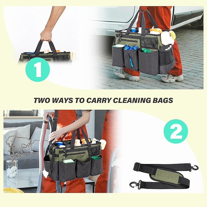 Wearable Cleaning Caddy Bag for Cleaning Supplies,Large Capacity Cleaning Organizer Green