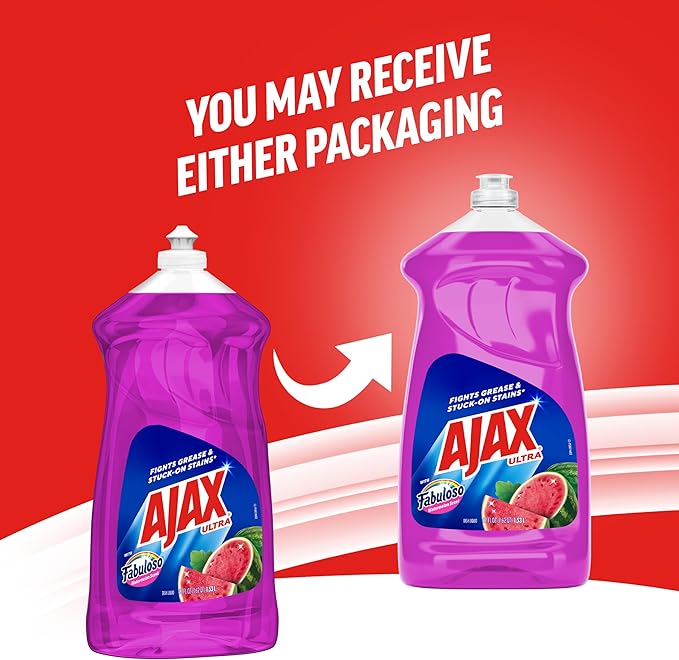 Ajax Ultra Liquid Dish Soap with Fabuloso Watermelon Scent, Fights Grease and Stuck-On Stains, Deep Cleaning Action, Mess-Free, Easy-Flip Cap, 52 fl oz Bottle