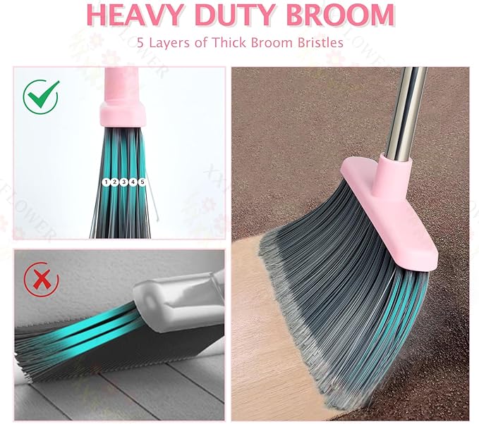 Broom and Dustpan Set, Dustpans with Broom Combo for Home, Heavy Dust Broom and Dustpan Combo, Long Handle Dust Pan and Broom Set for Kitchen, Office, Pet Hair(Gray Pink)