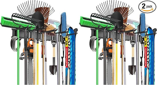 WALMANN Wall Mount Tool Organizer, Mop and Broom Holder, Garage Tools Storage Rack, Heavy Duty Garden Tool Storage Rack, Holds Up to 300 lbs (Pack of 2)