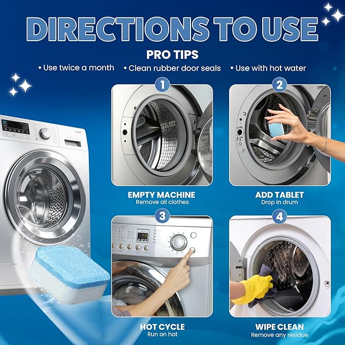 Washing Machine Cleaner Descaler Tablets 12 Pack (1 Year Supply) - Deep Cleaner for HE Front Load & Top Load Washers
