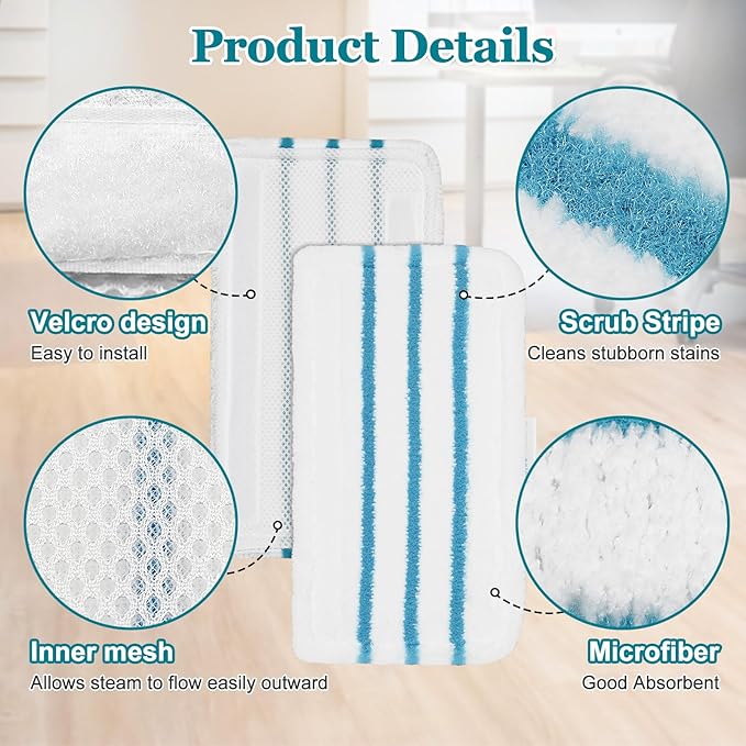 6Pack Steam Mop Pads Replacement for Black+Decker Steam Mop SM1600, SM1610, SM1620, HSM13E1, HSMC1300FX, HSMC1321, HSMC1361SG Cleaner Black and Decker Steam Mop Replacement Pads