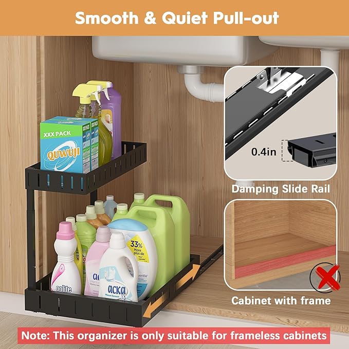 REALINN Under Sink Organizer, 2 Tier Expandable Under Cabinet Organizer, Heights Adjustable Pull Out Storage for Kitchen Bathroom Laundry, Black, 2 Pack