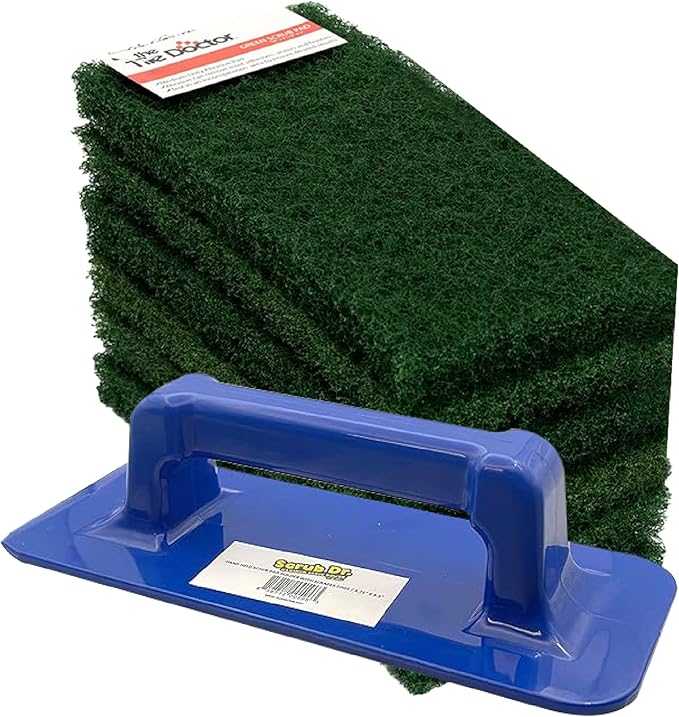 Scrub Doctor 6-Pack of 10 x 4.5 x 1 in. Large Green Scrub Pads and Scrub Pad Holder Scrub-HLD-L-GRN-6, Heavy-Duty Scrubbing Pads for Boat and Automotive Surfaces, Dishes, Kitchens, and Paint Scuffing