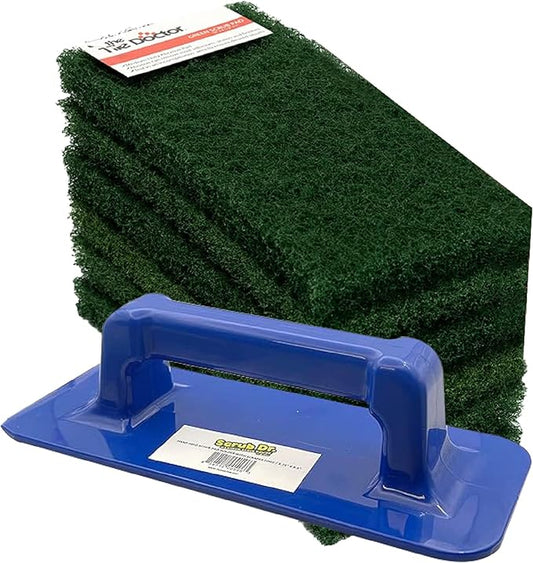 Scrub Doctor 6-Pack of 10 x 4.5 x 1 in. Large Green Scrub Pads and Scrub Pad Holder Scrub-HLD-L-GRN-6, Heavy-Duty Scrubbing Pads for Boat and Automotive Surfaces, Dishes, Kitchens, and Paint Scuffing