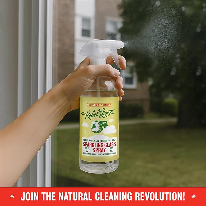 Rebel Green Sparkling Glass Spray - Streak-Free Natural Glass Cleaner for Windows, Mirrors, and Surfaces - Peppermint & Lemon Scent - 80 oz - 2 Pack