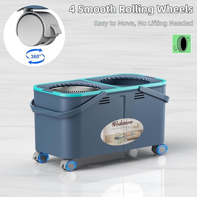 2026 Upgraded Gen 2 Spin Mop and Bucket Set with 4 Swivel Wheels for Easy Rolling, Separates Clean & Dirty Water, Floor Mop with 6 Washable Mop Heads for Wood, Tile, Vinyl, Baseboards - Grey/Blue
