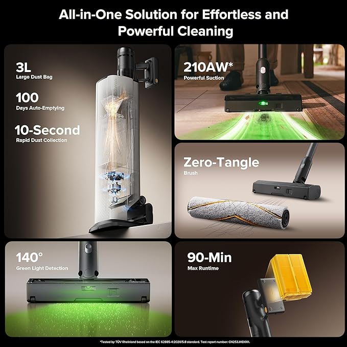 roborock H60 Hub Ultra Cordless Vacuum Cleaner with Auto-Empty Dock, Upgraded 210AW Suction Stick Vacuum Cleaners for Home and Pet Hair, 90-Min Runtime, Anti-Tangle Brush, 140° LED Dust Detection