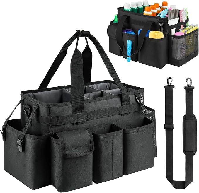Cleaning Caddy,Cleaning Bag for Housekeepers,Cleaning Supplies Organizer with Handle,Black