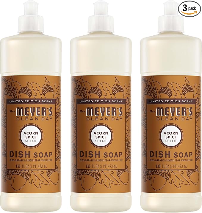 MRS. MEYER'S CLEAN DAY Liquid Dish Soap, Acorn Spice Scent, 16 Fl Oz Bottle - 3 Pack