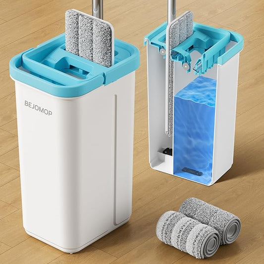 Mop and Bucket Set with Wringer, Turquoise-Cyan Wall Mop Cleaner with Long Handle, Squeeze Flat Mop and Bucket System, Dry & Wet Dust Mop for Household Floor Cleaning with 2 Microfiber Mops