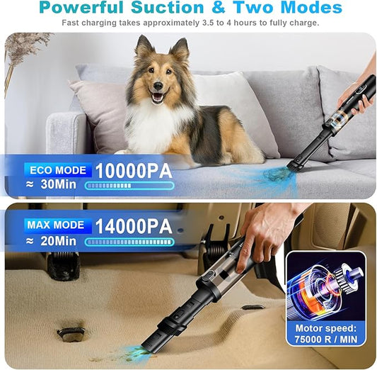 Handheld Vacuum Cordless, Car Vacuum with 14000PA Powerful Suction with LED Light, Air Duster 2-in-1,Low Noise Rechargeable Portable Mini Vacuum Cleaner for Car Home Pet Office,Two Gears Black