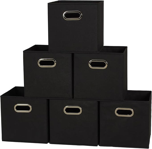 Household Essentials Foldable Fabric Storage Bins 6 Piece Set, Strong Poly-Woven Fabric, Sturdy Chipboard Sides, Grommet Front Handle, Stackable and Foldable, Classic Design, Black
