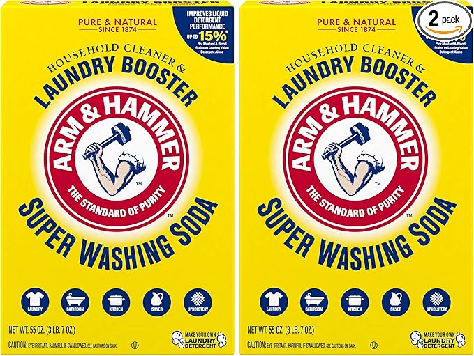 ARM & HAMMER Super Washing Soda Household Cleaner and Laundry Booster, Versatile Natural Home Cleaner, Powder Laundry Additive, 55 oz Box (Pack of 2)