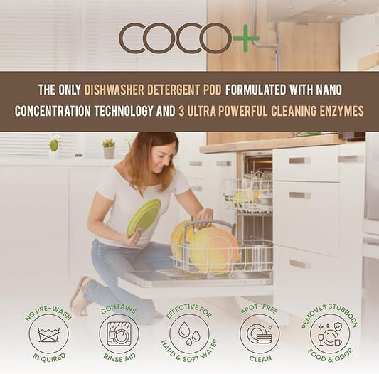 COCO+ Dishwasher Detergent Pods - Nano-Concentrated Enzymes Power with Rinse Aid & Hard Water Protection - Sparkling, Spotless Dishes - 50 Pods (Fragrance Free)