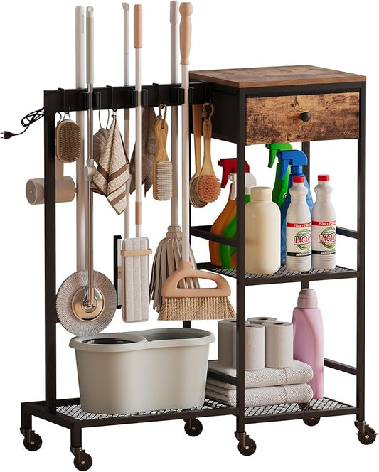 Heavy Duty Metal Cleaning Cart with Wheels,Broom Holder with Cleaning Supplies Organizer,Broom Storage Cart with Mop Hanger Gripper Rack Hooks for Home, Commercial (Rustic Brown, 29.72" L)