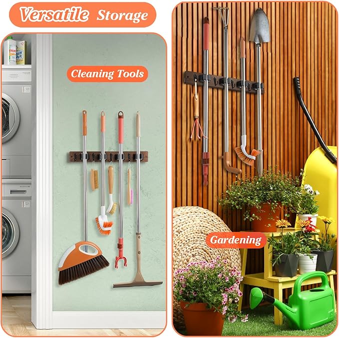 Broom Holder Wall Mount - Heavy Duty Wood Mop and Broom Organizer with 4 Slots & 4 Hooks - Garden Tool Hanger for Laundry Room Closet Kitchen Garage Storage and Organization - Modern Home Decor