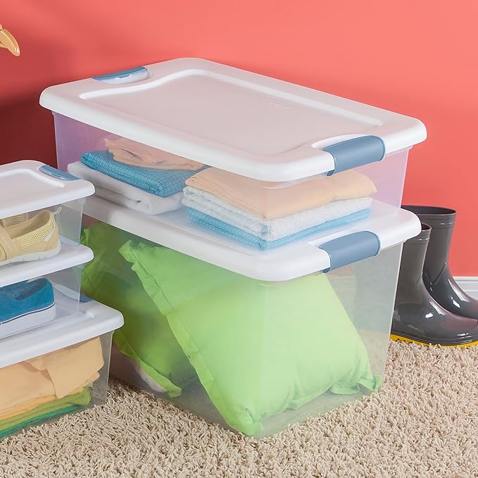 Sterilite 24-Pack Latching Box, Under Bed Storage Bins with Lids, Clear Plastic, 32 Quart - Heavy-Duty Organizing Containers for Closet, Bathroom, and Office