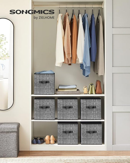 SONGMICS Storage Cubes, 11-Inch Non-Woven Fabric Bins with Double Handles, Set of 6, Closet Organizers for Shelves, Foldable, for Clothes, Classic Black UROB026B01