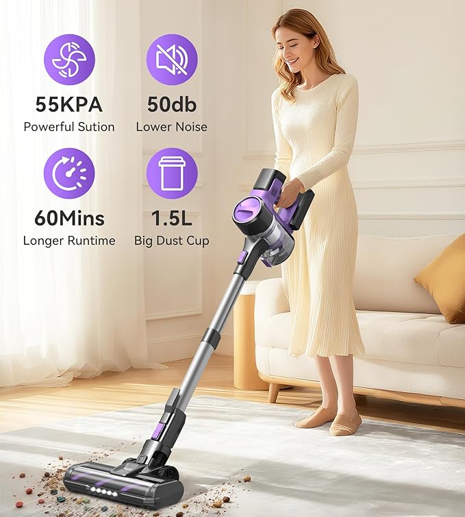 S10 Cordless Vacuum Cleaner, 55Kpa 60mins Lightweight Stick Vacuum with Powerful Suction for Home, Rechargeable, Self-Standing, Handheld Vacuum Cleaners for Hardwood Floors, Carpets, Purple