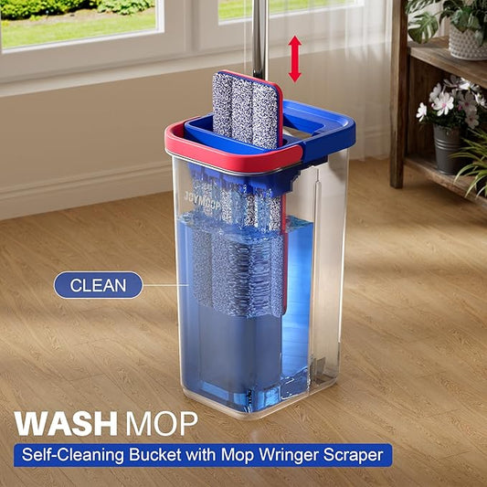 JOYMOOP Microfiber Flat Mop and Bucket System, Mops for Floor Cleaning and Wall Cleaner, Hardwood, Tile, Laminate, Vinyl Floors, Smooth Walls, and Glass Windows - 60" Flat Mop+5 Microfiber Pads[Black]