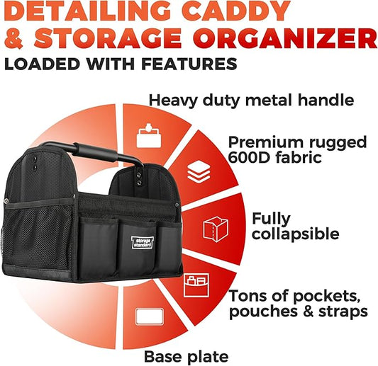 Detailing Caddy Organizer with Handle - Storage, Cars, & Cleaning Caddy for Supplies, Tools, & Home Improvement - Heavy Duty Car Detailing Supplies With Multi-Pockets & Collapsible Tote Design