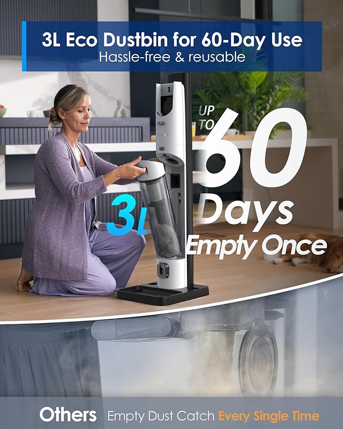 Tineco Pure ONE Station Cordless Vacuum Cleaner with 3L Auto Dust Base, Smart Stick Vacuum Cleaner Powerful Suction & Lightweight, ZeroTangle Brush for Hard Floor, Carpet & Pet Hair, White