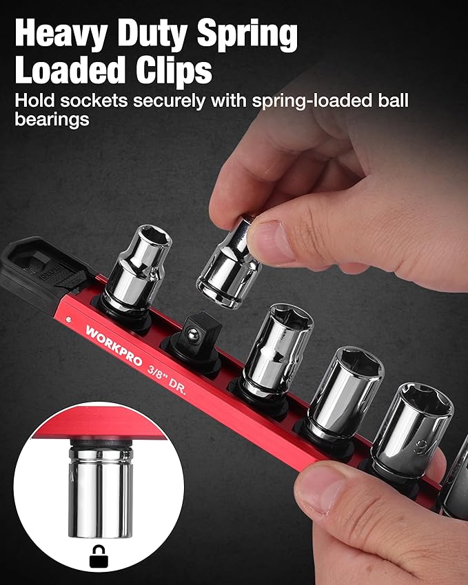 WORKPRO Magnetic Socket Organizer, 3/8" Drive Aluminum Alloy Socket Holder with 10PC Removable Socket Clips for Quick Customization, Socket Rail for Tool Box Drawer (Sockets Not Included)