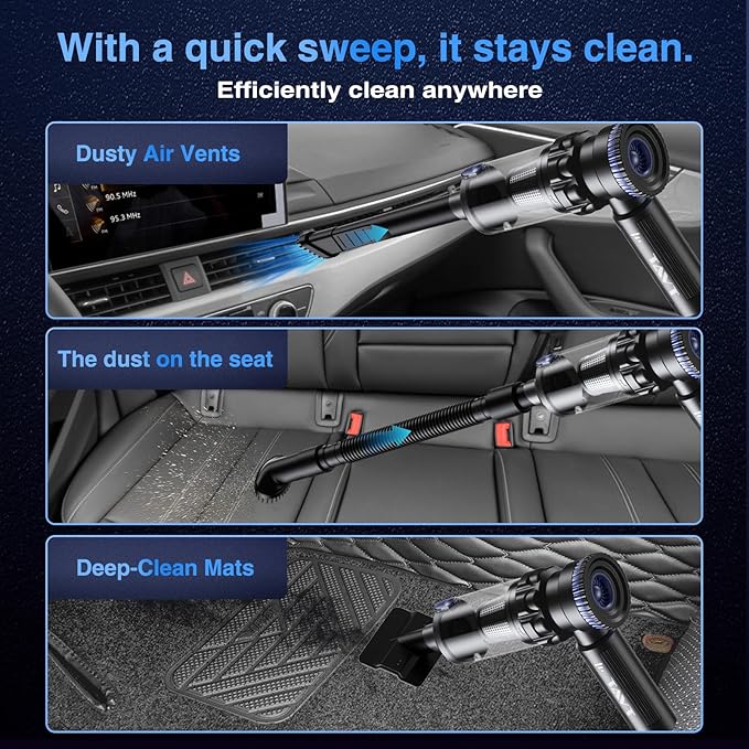 Car Vacuum Portable Cordless, 19000PA Suction Power [3 Suction Modes] & 6000mAh Battery [USB-C Charging Cable], 4-in-1 Wireless Mini Handheld Cleaner for Home, Car, Pet, Office