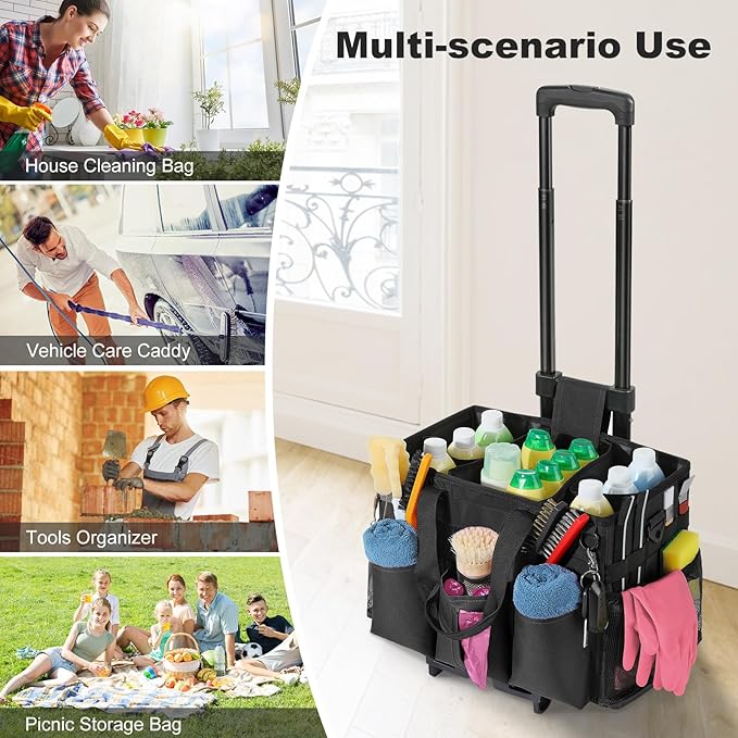 Housolution Rolling Cleaning Caddy Bag with Detachable Trolley, Professional Portable Large Cleaning Bag with Wheels, Wearable Cleaning Supply Bag on Wheels for Housekeepers, Black