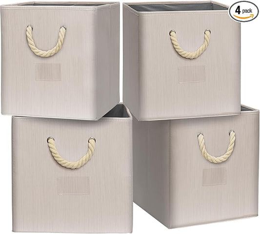 SIMPLE HOUSEWARE 11-Inch Cube Storage Bin With Braided Handles, 4 Pack, Ivory