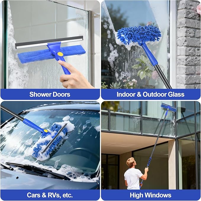 Wontolf 79'' Window Squeegee Cleaner Tool with Extension Pole, 4-in-1 Rotatable Streak-Free Squeegee for Window Cleaning Kit with Storage Bag, for Home, Indoor/Outdoor Windows, Car, Glass, Shower
