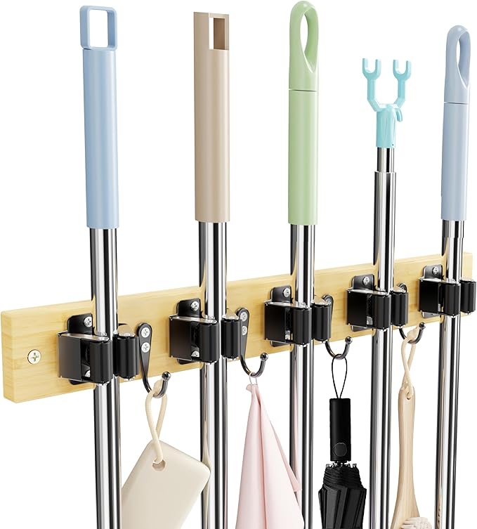 Mop and Broom Holder Wall Mount - Bamboo Broom Mop Hanger - Wall Mounted Garden Tool Rack Organizer for Closet Garage Laundry Room Kitchen Decor With 5 Slots & 4 Hooks
