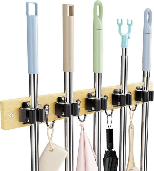 Mop and Broom Holder Wall Mount - Bamboo Broom Mop Hanger - Wall Mounted Garden Tool Rack Organizer for Closet Garage Laundry Room Kitchen Decor With 5 Slots & 4 Hooks
