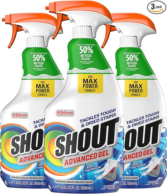 Shout Advanced Laundry Stain Remover Gel for Clothes Laundry, Breaks down stubborn, dried-in, and tough stains - 22oz Spray (Pack of 3), Packaging May Vary