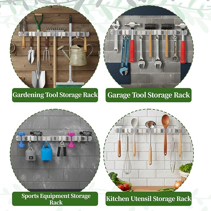 2 Pack Wall Mount Broom Holder, Self Adhesive 5 Racks and 4 Hooks Mop and Broom Organizer Storage Tool Racks Stainless Steel Heavy Duty for Home Kitchen Garden Laundry Garage