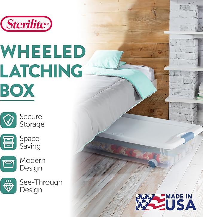 Sterilite 12-Pack Latching Box, Under Bed Storage Bins with Lids, Clear Plastic, 56 Quart - Heavy-Duty Organizing Containers for Closet, Bathroom, and Office