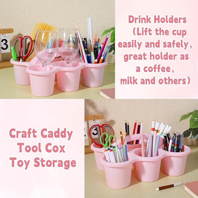 6 Pack Classroom Caddy with Handle Plastic Storage Caddy Organizer with 6 Compartments Drink Cup Caddies Holder Portable Storage Bin for Pencil, Crayon, Marker, Home, Office, School Supplies(Pink)