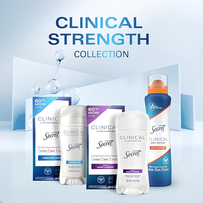 Secret Clinical Strength Antiperspirant Deodorant for Women, 3X Stress Protection, 72hr Sweat & Odor Protection, PH Balancing Minerals, Invisible Solid, Completely Clean Scent, 2.6 oz (Pack of 2)