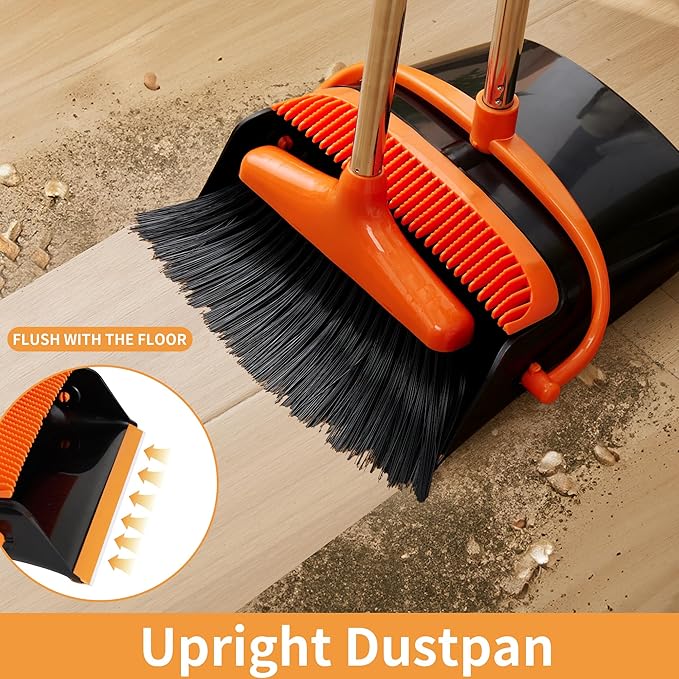 Broom and Dustpan Set Lightweight Upright Lobby Broom and Dust Pan Combo with Long Handle Outdoor Indoor for Home Kitchen Room Office (Orange and Black)