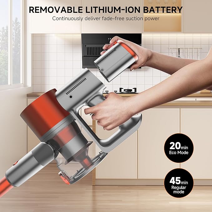 Stick Cordless Vacuum Cleaner - Lightweight Handheld Vacuum with Self Standing, Removable Battery with 45min Running Time, Anti-tangle Wireless Vacuum for Home Pet Hair/Hardwood Floor/Carpet OB