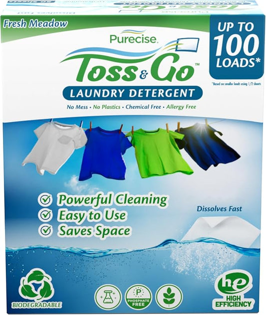 Purecise - Toss & Go - Fresh Meadow Laundry Detergent Sheets - Powerful Clean, No Mess, Fast-Dissolving, No Residue - 100 Loads - 50ct Pack of 1
