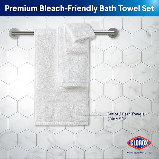 CLOROX Bleach Friendly Towels, Quick Dry, 100% Cotton Bath Towels (30" x 52"), Highly Absorbent Soft Lightweight, Ideal for Everyday Use, Easy to Wash(2 Pack, White)