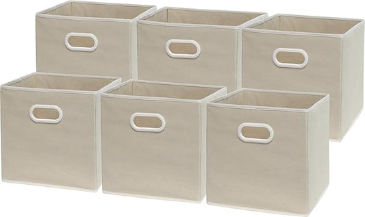 Simple Houseware Foldable Cube Storage Bins with Handles, 11-Inch, Beige, 6-Pack, Fabric Cubes Organizer for Closet or Shelves