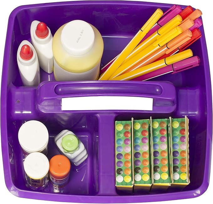 Storex 3-Compartment Small Craft Caddy – Multipurpose Classroom Organizer with Handle, Purple, 6-Pack (00944C06C)