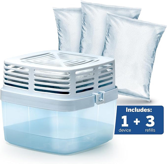 HUMYDRY Moisture Absorber Dehumidifier Device for Home, Premium Pack Of 1 Device of 15.9 Oz With 3 Pre-Measured Refills, Unscented Humidity Absorber For Closets, Bathroom and Medium Enclosed Spaces